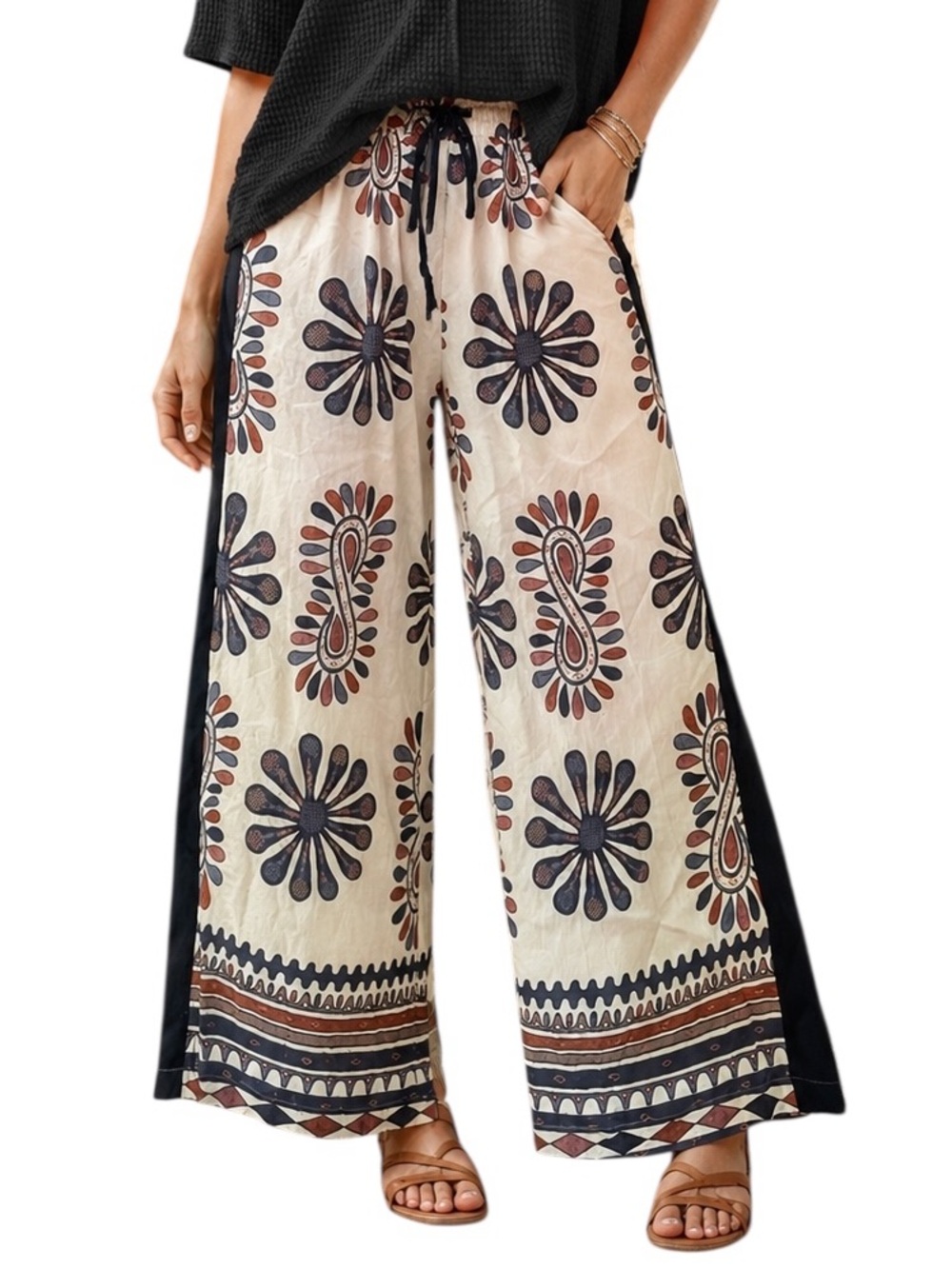 Umgee Print Pull on Wide Leg Pants with Pockets